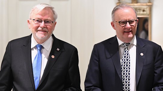 Prime Minister Anthony Albanese and Australia’s US ambassador, Kevin Rudd, arrive to meet with members of the ‘Friends of Australia Caucus’ for breakfast at Blair House in Washington on Tuesday.