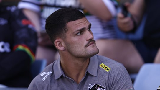 Nathan Cleary looks on from the stands at PointsBet Stadium on Saturday night.