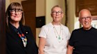 Newcastle Art Gallery director Lauretta Morton (left) at the Sydney apartment of Catriona and Simon Mordant, who have gifted 25 works from their collection to the gallery as it prepares to reopen after a $47 million expansion.