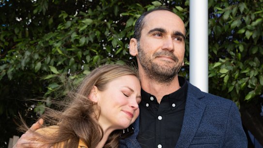Former refugee Mostafa ‘Moz’ Azimitabar with Grace Tame after losing his case against the Commonwealth in the Federal Court of Australia. 