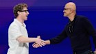 Meta Founder Mark Zuckerberg greets Microsoft’s chief executive Satya Nadella at his company’s LlamaCon 2025 AI developer conference this week.
