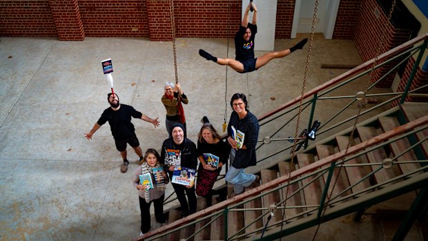Fremantle Press chief executive Alex Allan, Circus WA chief executive Jo Smith, with authors James Foley, Meg McKinlay and Deb Fitzpatrick at the arts organisations’ new home in Fremantle.
