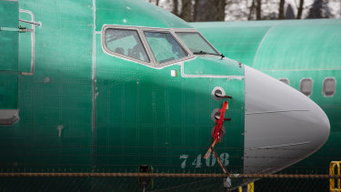 The nose of a 737 MAX 8 plane.