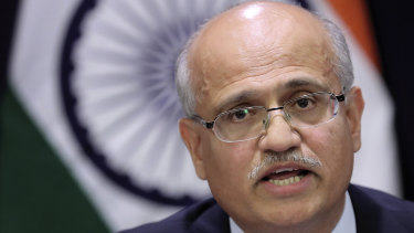 India’s foreign secretary Vijay Gokhale briefs the media about India’s air strikes in Pakistan.