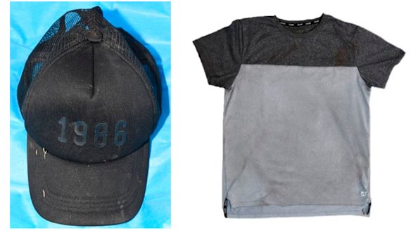Police have released images of a black cap and a T-shirt found within 100 metres of the scene.