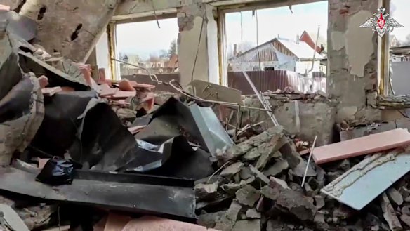 A view of Sudzha, the biggest town in the Kursk region of Russia on Thursday after it was taken over by Russian troops. 