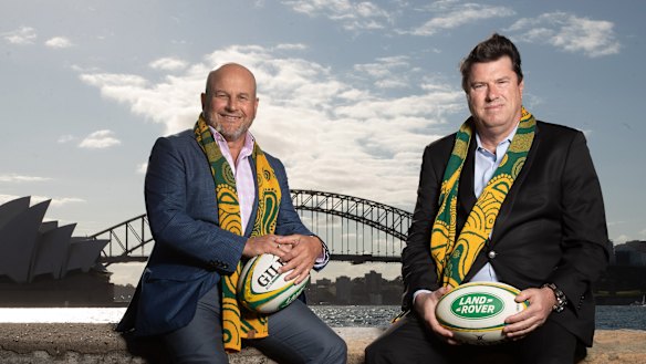 Rob Clarke (left) and Hamish McLennan on the day Australia were awarded hosting rights to the Rugby Championship in 2019. 
