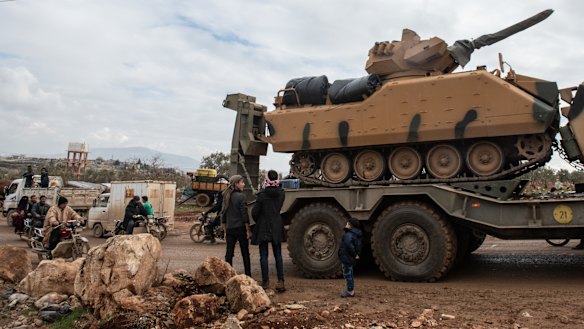 Turkish armoured vehicles in the village of Aaqrabate in Idlib, Syria. 