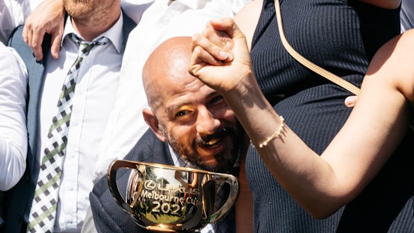 Ozzie Kheir with the 2021 Melbourne Cup won by his horse Verry Elegant.