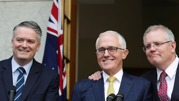 Mathias Cormann, Malcolm Turnbull and Scott Morrison at a joint press conference in 2018.