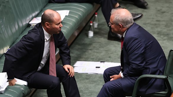 Treasurer Josh Frydenberg and Prime Minister Scott Morrison during Question Time at Parliament House.