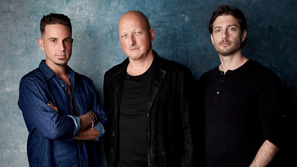 Wade Robson, from left, director Dan Reed and James Safechuck promote the film Leaving Neverland at the Sundance Film Festival.