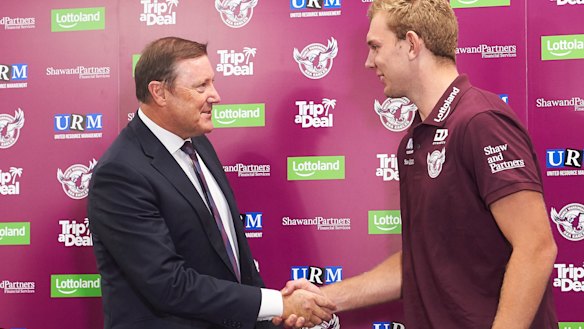 Former Manly chief executive Stephen Humphreys with star Tom Trbojevic.