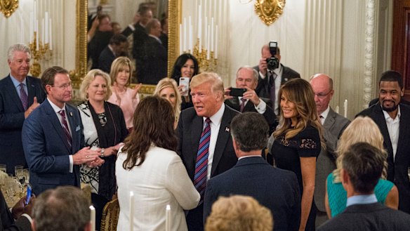 Vital support: Donald Trump hosts a dinner celebrating evangelical leadership at the White House in August.