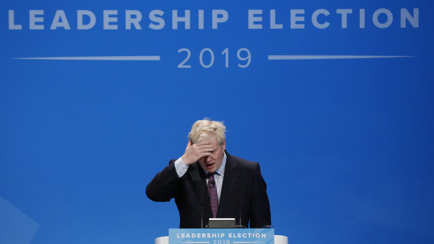 Boris Johnson addresses Conservative Party members during the Conservative Party leadership contest in Birmingham.