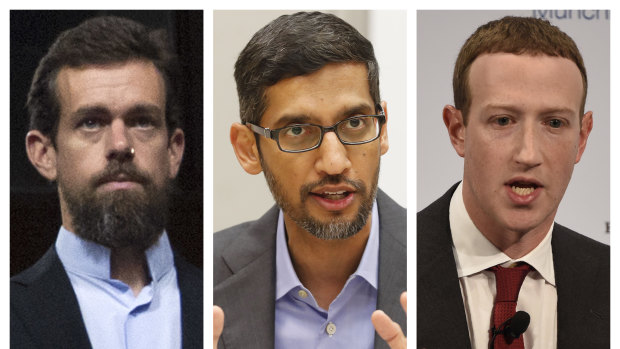 Twitter CEO Jack Dorsey (left), Google CEO Sundar Pichai (centre) and Facebook CEO Mark Zuckerberg.