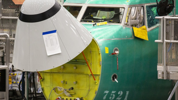 The nose of a Boeing 737 Max at the company's manufacturing facility in Renton, Washington, US, on Wednesday, March 27.