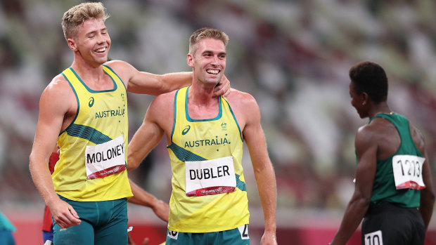 Cedric Dubler and Ashley Moloney of Team Australia react after competing in the Men’s Decathlon 1500m.