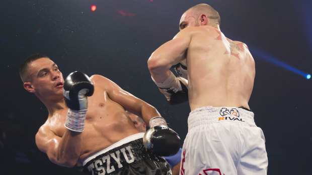 Tim Tszyu (left) and Joel Camilleri during their Australian Super Welterweight Title bout at The Star Casino in Sydney.