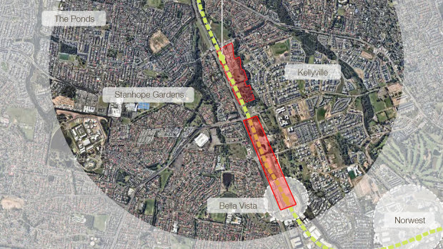 Government land next to the Bella Vista and Kellyville metro stations, which has been planned by Landcom but remains undeveloped.