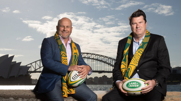 Rob Clarke (left) and Hamish McLennan on the day Australia were awarded hosting rights to the Rugby Championship in 2019. 