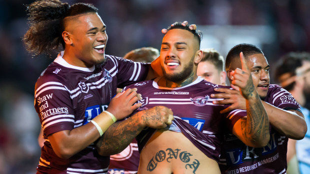 Cult figure in the making: Addin Fonua-Blake celebrates after capping an incredible game with a try.