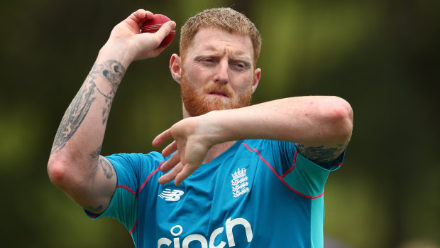 Ben Stokes rolls his arm over during the lunch interval.