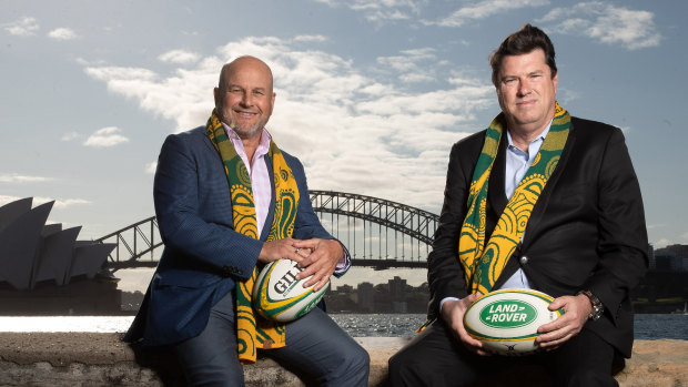 Rugby Australia interim chief executive Rob Clarke (left) and chairman Hamish McLennan (right) after last week's announcement that Australia will host the Rugby Championship. 