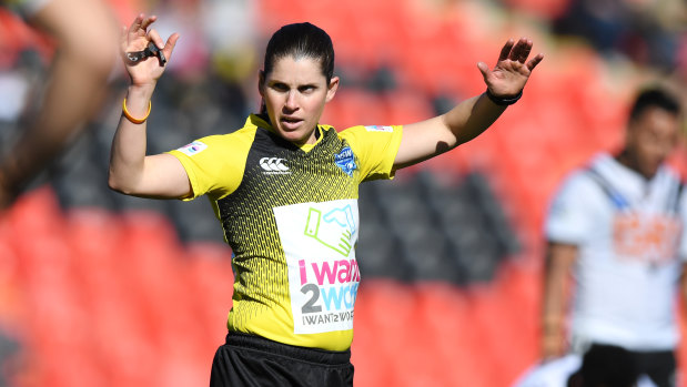 In charge: Kasey Badger referees at Panthers Stadium on Sunday.