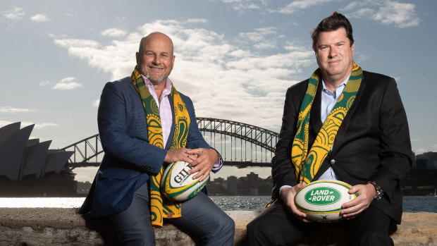 Rugby Australia interim chief executive Rob Clarke and chairman Hamish McLennan after Friday's announcement that Australia will host the Rugby Championship. 