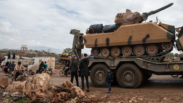 Turkish armoured vehicles in the village of Aaqrabate in Idlib, Syria. 