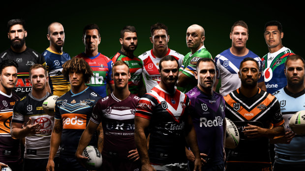 The 2020 NRL captains. Back from left: James Tamou (Penrith Panthers), Clint Gutherson (Parramatta Eels), Mitchell Pearce (Newcastle Knights), Adam Reynolds (South Sydney Rabbitohs), Cameron McInnes (St George Illawarra Dragons), Josh Hodgson (Canberra Raiders), Josh Jackson (Canterbury-Bankstown Bulldogs), Roger Tuivasa-Sheck (New Zealand Warriors)

Front from left: Alex Glenn (Brisbane Broncos), Michael Morgan (North Queensland Cowboys), Kevin Proctor (Gold Coast Titans), Daly Cherry-Evans (Manly Warringah Sea Eagles), Boyd Cordner (Sydney Roosters), Cameron Smith (Melbourne Storm), Benji Marshall (Wests Tigers), Wade Graham (Cronulla-Sutherland Sharks)