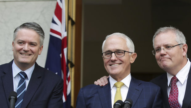 Mathias Cormann, Malcolm Turnbull and Scott Morrison at a joint press conference in 2018.