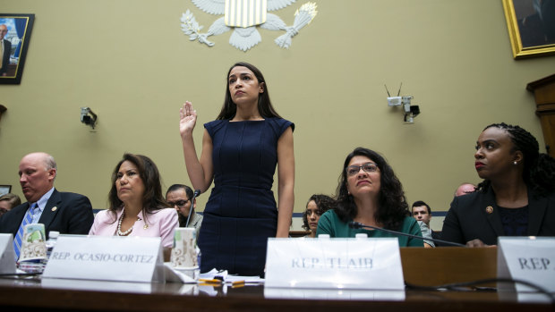 The four Democrat congresswomen attacked by Trump – Veronica Escobar, Alexandria Ocasio-Cortez, Rashida Tlaib and Ayanna Pressley – testify before the House Oversight Committee hearing on family separation and detention centres.