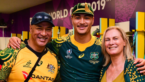 Jordan Petaia and his parents after Australia's 45-10 win over Uruguay at last year's Rugby World Cup.