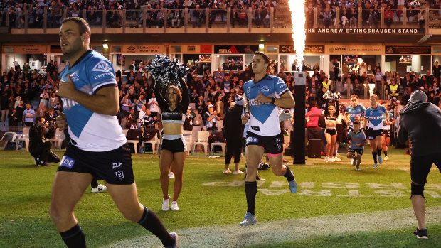 Wade Graham and Nicho Hynes take the field for the Sharks at PointsBet Stadium.