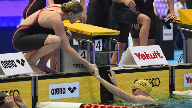 Too strong: Cate Campbell reaches out after touching the wall in the women's 4x100m relay.