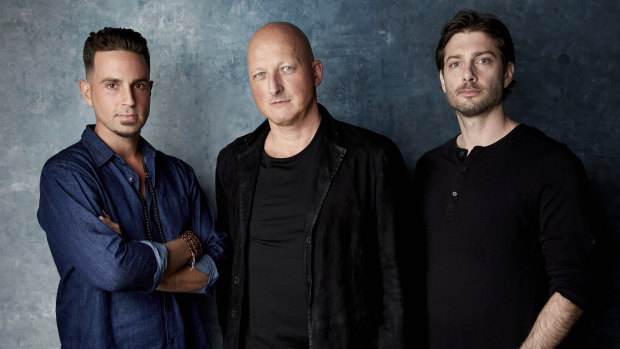 Wade Robson, from left, director Dan Reed and James Safechuck promote the film Leaving Neverland at the Sundance Film Festival.