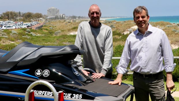 Surfing WA CEO Mark Lane with Fisheries Minister Dave Kelly launching their new partnership at Trigg Beach.