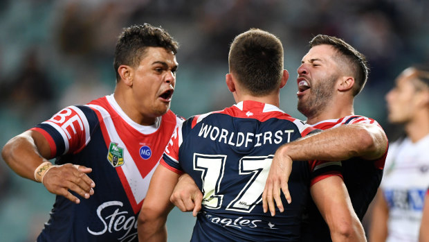 Instant hit: Victor Radley announced himself in the NRL with some big hits in the match against Manly in round nine, much to the delight of Latrell Mitchell and James Tedesco.