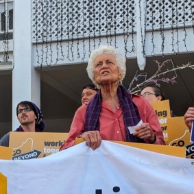 Professor Fiona Stanley at the Go Beyond Gas protest outside the Dockers AGM in Fremantle on Tuesday.