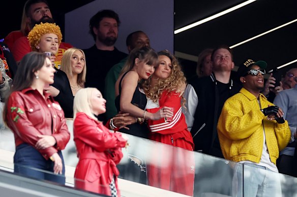 Taylor Swift and Blake Lively, centre, at the Super Bowl in 2024.