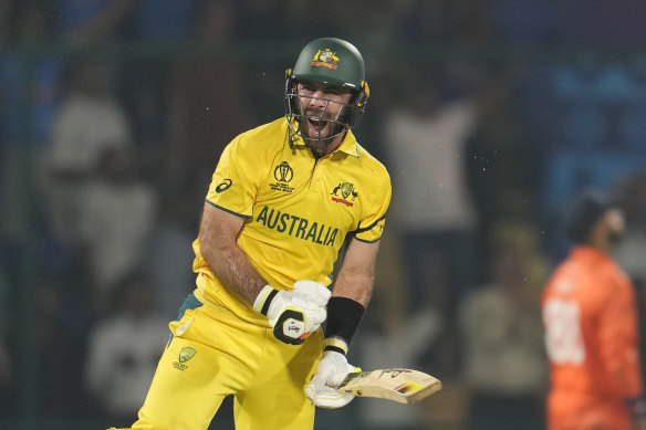 Australia’s Glenn Maxwell celebrates his century.