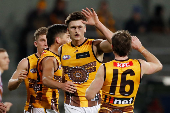 Mitch Lewis celebrates after one of his four goals.