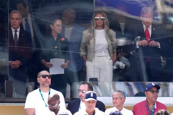 Canadian Prime Minister Mark Carney, Mexican President Claudi Sheinbaum and Melania and Donald Trump are in the VIP suite.
