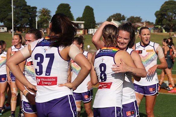 The Dockers celebrate their win over GWS at Henson Park.