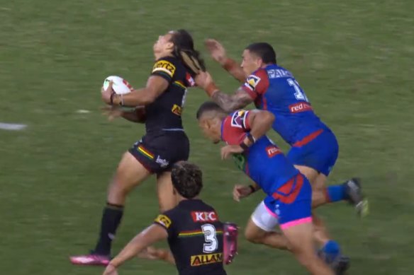 Tyson Frizell and Jarome Luai in the hair-pulling incident.