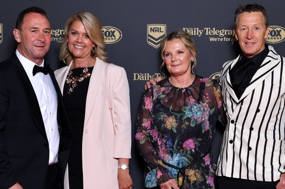 Ricky Stuart and Craig Bellamy with their partners at the 2019 Dally M Medal awards.