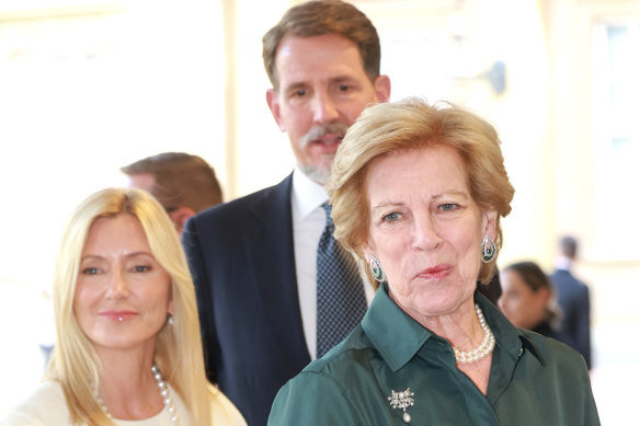 Marie-Chantal, Crown Princess of Greece, Pavlos, Crown Prince of Greece, and Queen Anne-Marie attend the coronation reception for overseas guests at Buckingham Palace on Friday.