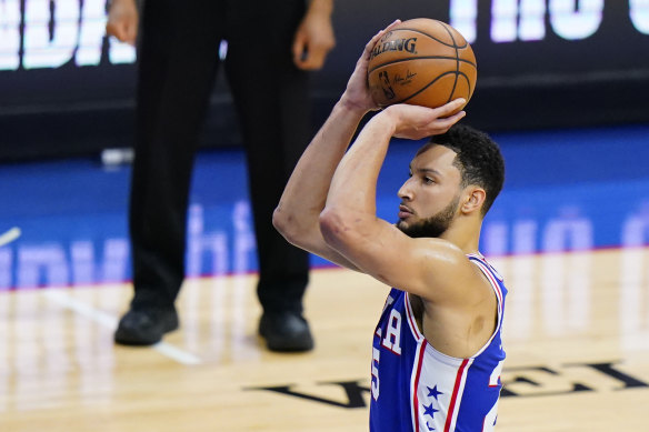 Philadelphia 76ers’ Ben Simmons attempts a free-throw against the Washington Wizards in Game 5 of the  first-round NBA playoffs.